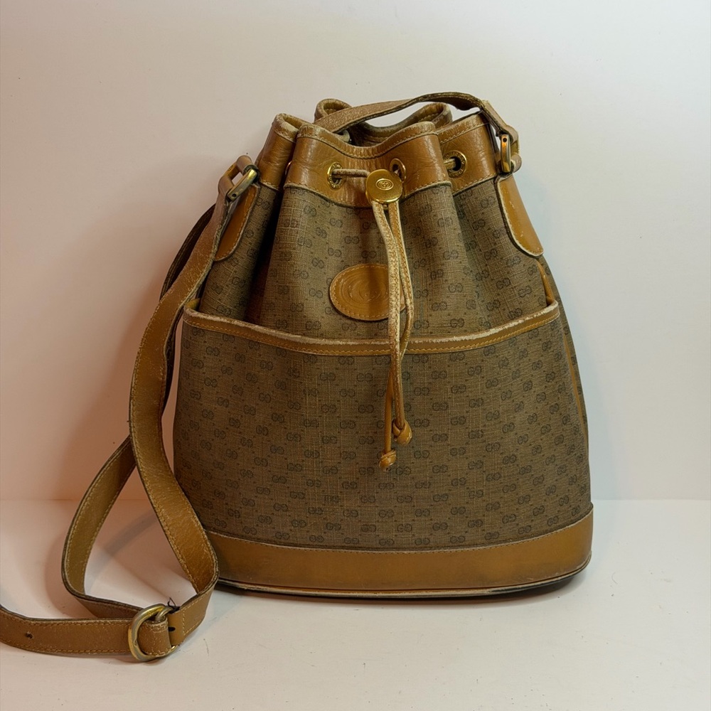 Vintage Gucci GG Supreme Monogram Drawstring Bucket Bag in Tan and Brown